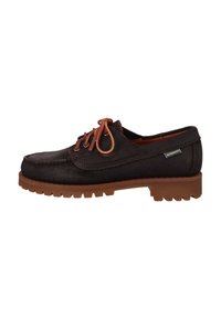 Zapatos de cuero marrón oscuro con un acabado texturizado, que cuentan con cordones marrones, un cuello acolchado y una suela de goma marrón resistente.