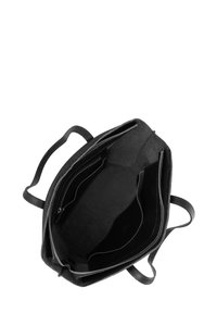 Borsa in pelle nera con due cerniere, scomparti interni e manici doppi. Texture liscia con una forma rettangolare strutturata.