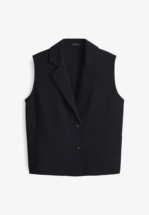 Zwarte mouwloze vest met een geknipte kraag, voorzien van twee voorzakken en twee knoopsluitingen aan de voorkant. Gemaakt van een soepele stof.