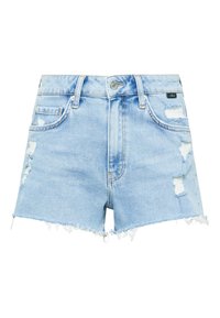 Vaaleansiniset farkkushortsit, joissa on räjähtävä helma, kulutetut yksityiskohdat, klassinen viisi taskun malli ja metallinen nappisuljenta vyötäröllä.