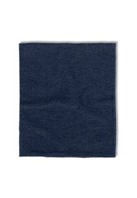 Dark blue square wool scarf with a small stitched logo near the bottom right corner on a white background.