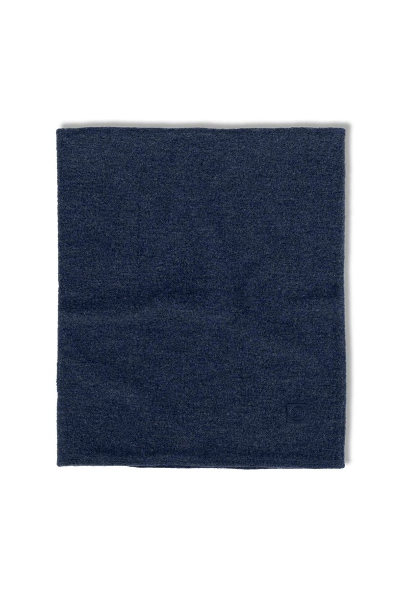 Dark blue square wool scarf with a small stitched logo near the bottom right corner on a white background.