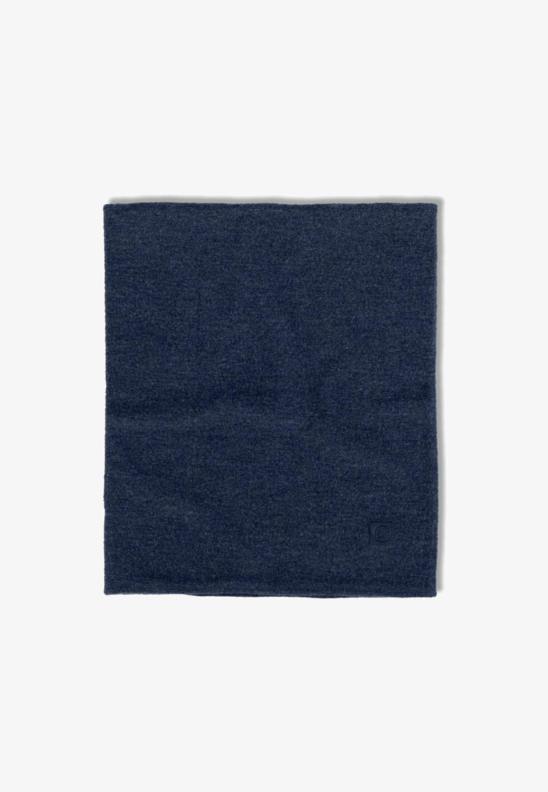 Dark blue square wool scarf with a small stitched logo near the bottom right corner on a white background.
