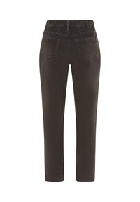 Dunkelbraune Hose aus strukturiertem Stoff, mit geradem Schnitt, mittelhoher Taille und zwei hinteren Taschen mit Nahtdetails.