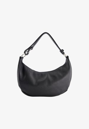 Black leather shoulder bag with curved shape, adjustable strap, and subtle embossed brand name on front against white background.