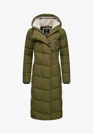 Abrigo de plumas largo en verde oliva, con capucha, patrón acolchado, cremallera frontal, detalles de botones y forro de forro polar suave. Presenta puños con elásticos.