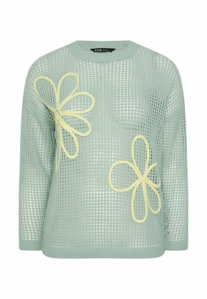 Pull vert clair à maille ouverte avec manches longues, présentant deux grands motifs de fleurs entourées de jaune sur le devant.
