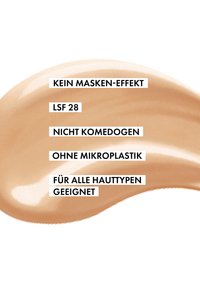 Beige cream swatch with a smooth texture, featuring bold black text listing skin benefits, SPF 28, and suitability for all skin types.
