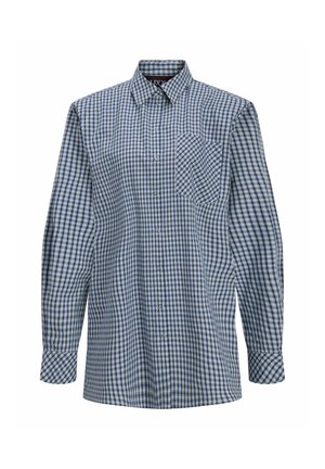 Chemise à manches longues boutonnée avec motif à carreaux bleu et blanc et poche poitrine avant.