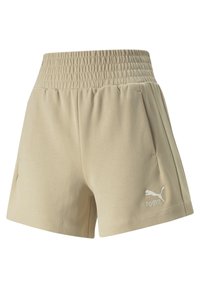 Béžové sportovní šortky s elastickým pasem, bočními kapsami a bílým logem Puma. Hladká tkanina s jemnou texturou.