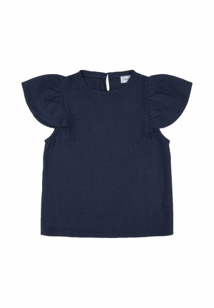 Top blu navy con maniche corte e arricciate, scollatura rotonda e apertura a chiave sul retro, realizzato in un tessuto leggero e testurizzato.