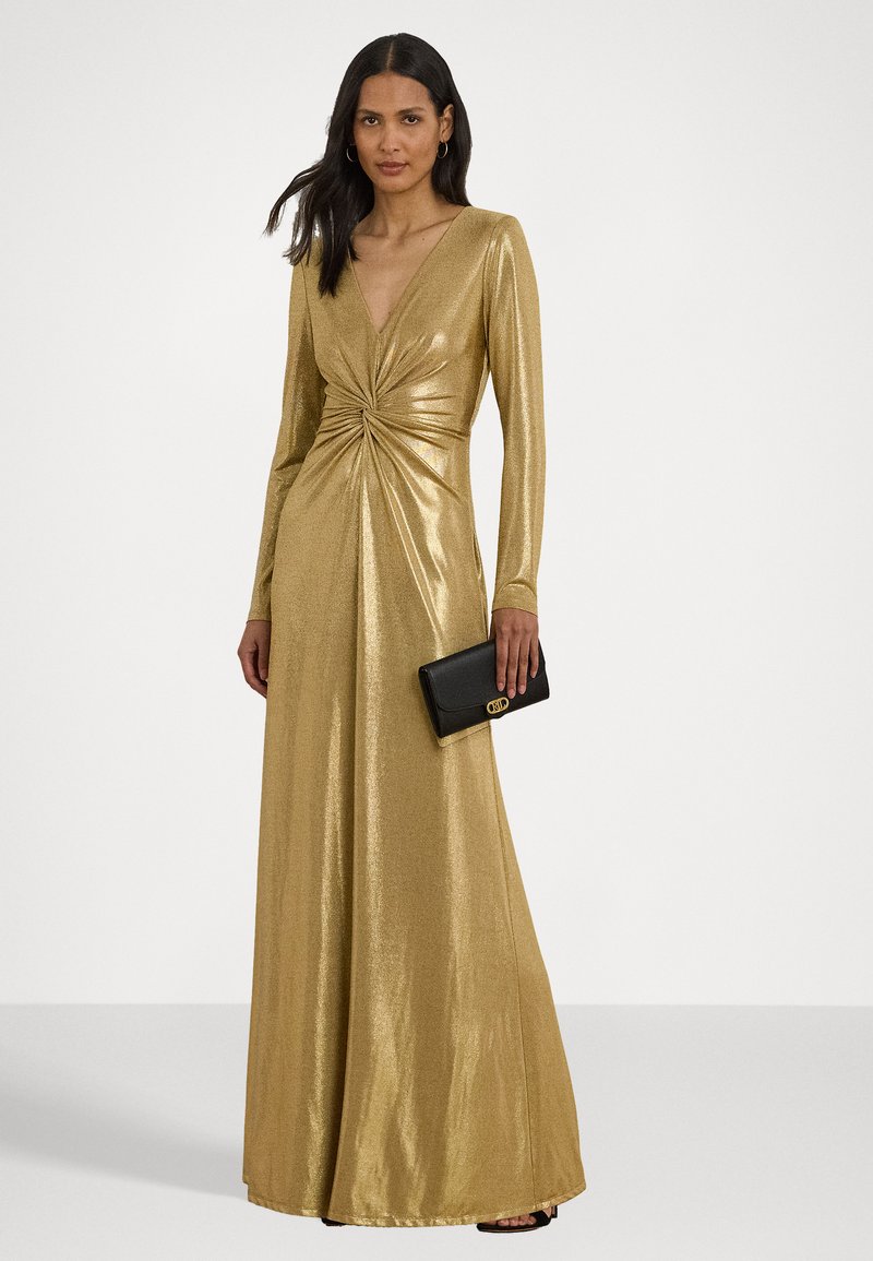 green emerald velvet dress Ralph Lauren Geo-Motif Sequined Gown Burnished Tan/Gold main image 0