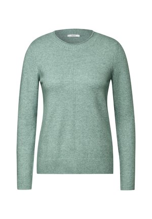 Maglione verde chiaro realizzato in morbido tessuto a maglia, con scollatura rotonda, maniche lunghe, polsini a coste e un design pulito e semplice.