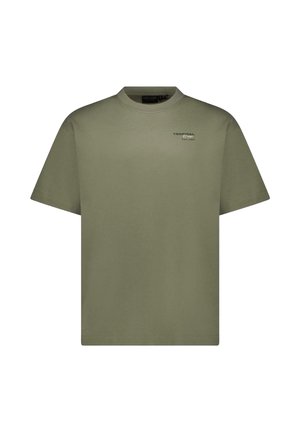 Olijfgroene katoenen t-shirt met een ronde hals, korte mouwen en een klein gedrukt logo met de tekst "Tropical" op de linkerborst.