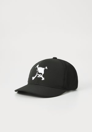 Schwarze Baseballmütze aus Stoff mit einem weißen grafischen Design eines Pferdes mit einzigartigen Mustern auf dem vorderen Panel.