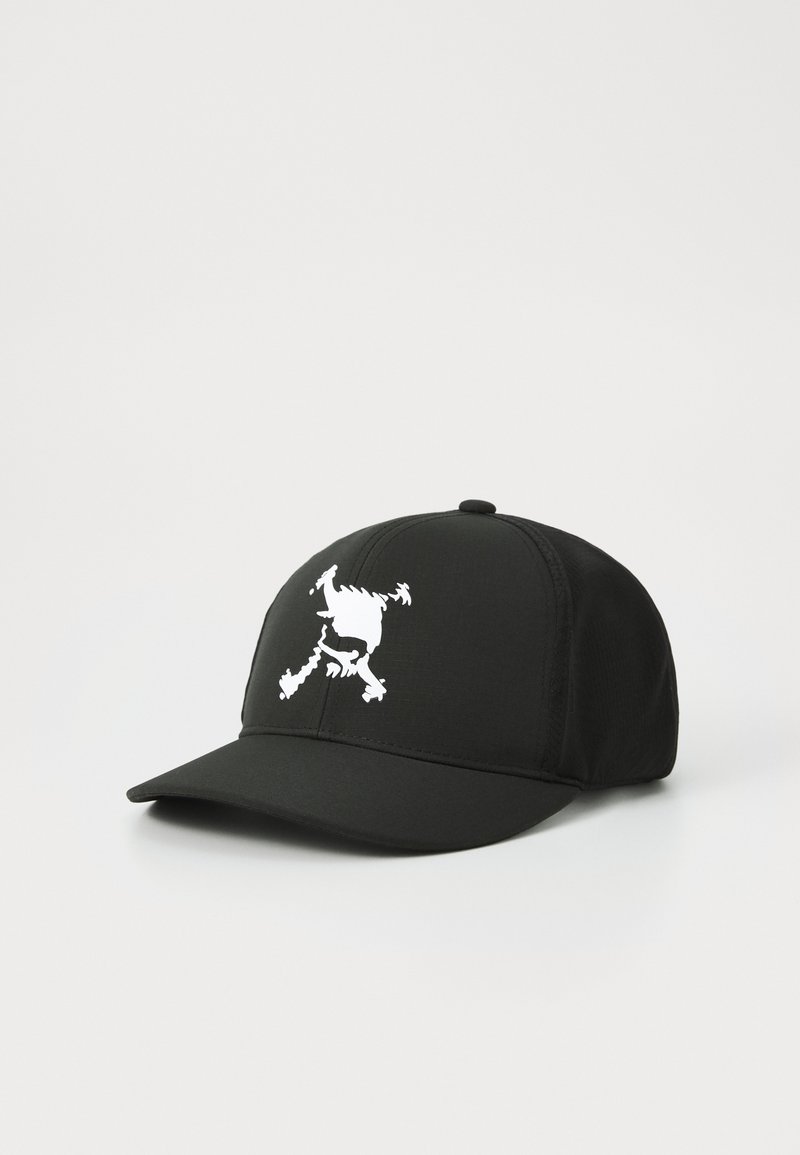 Boné de beisebol preto feito de tecido, com um design gráfico branco de um cavalo com padrões únicos no painel frontal.