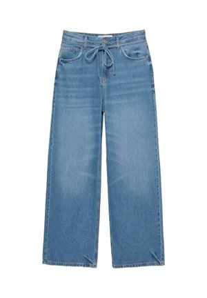 Jeans large en denim bleu clair avec taille haute, cordon de serrage, poches avant et bords effilochés. Texture lisse avec une finition délavée.