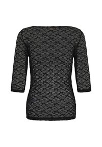 Haut à manches longues en dentelle florale noire avec un col rond, tissu semi-transparent et silhouette ajustée.