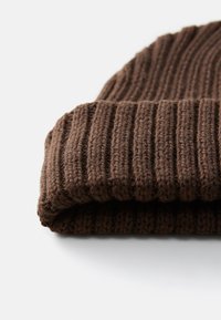 Brown knitted beanie with a ribbed texture, featuring a folded cuff. Material appears soft and chunky, providing warmth and comfort.
