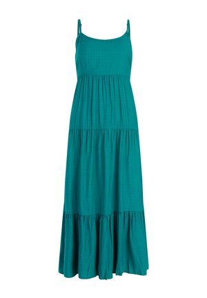 Robe maxi turquoise sans manches avec bretelles spaghetti réglables, jupe à volants et motif texturé subtil.