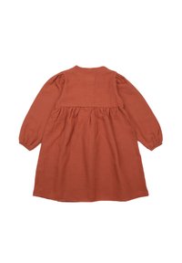 Terracotta long-sleeve dress made of textured fabric, featuring a waist seam and gathered skirt, with elastic cuffs on the sleeves.