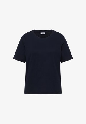 Zwart geribd gebreid topje met korte mouwen, ronde halslijn en rechte zoom, met label "CECIL" aan de binnenkant van de kraag.