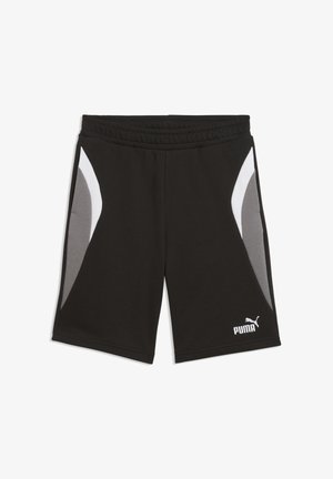 Sorte atletikshorts med elastisk taljebånd, grå og hvide sidepaneler samt hvid Puma-logo på venstre ben.