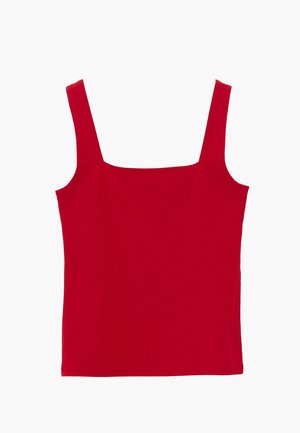 Top de tirantes sin mangas de color rojo con cuello cuadrado, diseño liso, mostrado sobre un fondo blanco.