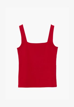 Top de tirantes sin mangas de color rojo con cuello cuadrado, diseño liso, mostrado sobre un fondo blanco.