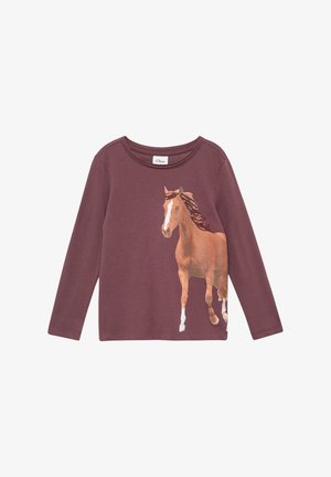 Langärmliges weinrotfarbenes Hemd mit realistischem Pferdedruck, der ein braunes Pferd mit einer weißen Blässe und einem funkelnden Mähne auf der Vorderseite zeigt.