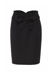 Jupe noire ajustée avec une silhouette cintrée, dotée d'une large taille, de passants de ceinture et d'un détail de nœud à l'avant. Fabriquée en tissu lisse.