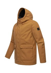 Brun hættejakke lavet af tekstureret stof, med to forlommer, justerbar snøre i hætten og et sort logo-patch på ærmet.