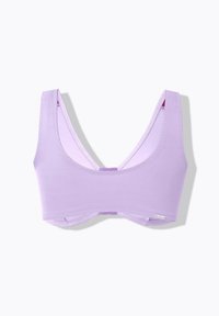 Fialový bralette z hladkého materiálu, s širokými ramínky, hlubokým výstřihem do V a bezešvou konstrukcí pro pohodlí. Bez viditelných zapínání.