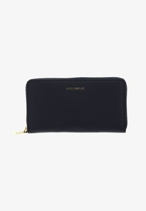 Portafoglio in pelle blu navy con finitura testurizzata, logo in tonalità oro e chiusura a zip; forma rettangolare con bordi lisci.