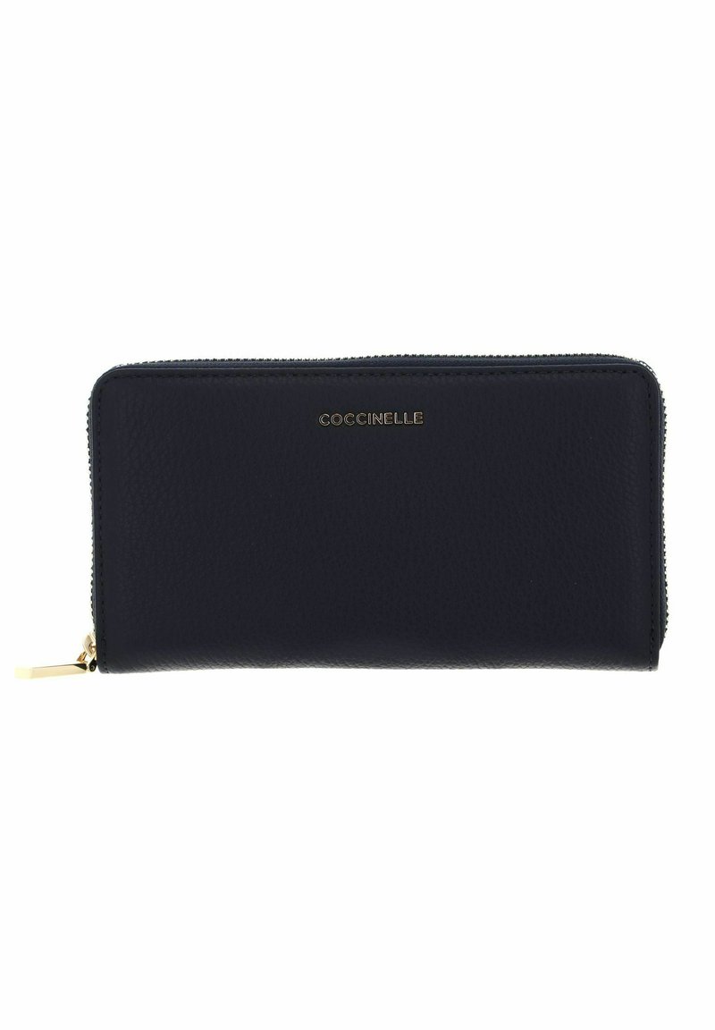 Portafoglio in pelle blu navy con finitura testurizzata, logo in tonalità oro e chiusura a zip; forma rettangolare con bordi lisci.
