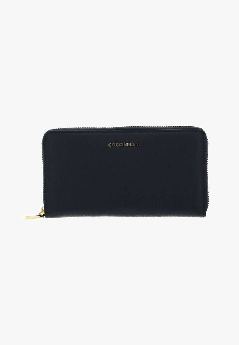 Portafoglio in pelle blu navy con finitura testurizzata, logo in tonalità oro e chiusura a zip; forma rettangolare con bordi lisci.