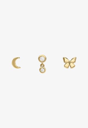 Gold earrings featuring three charms: a crescent moon, a hanging double circle with a gemstone, and a butterfly.