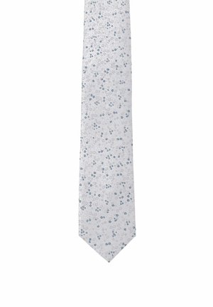 Light gray necktie with a small blue floral pattern evenly distributed across the fabric against a white background.