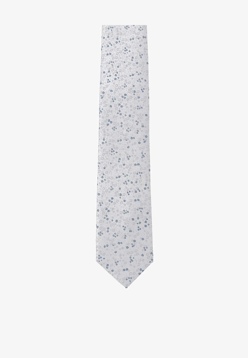 Light gray necktie with a small blue floral pattern evenly distributed across the fabric against a white background.