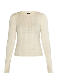 Krémový svetr s dlouhými rukávy, ribbed texturou a otevřeným pleteným vzorem. Má kulatý výstřih a přiléhavý střih.