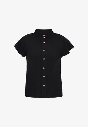 Blusa nera a maniche corte con collo alto e fila centrale di sette bottoni dorati, caratterizzata da una manica ampia e leggermente svasata.