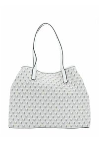 Borsa a tracolla bianca con un motivo geometrico nero e dettagli gialli. Presenta manici robusti e una texture liscia con rifiniture nere.
