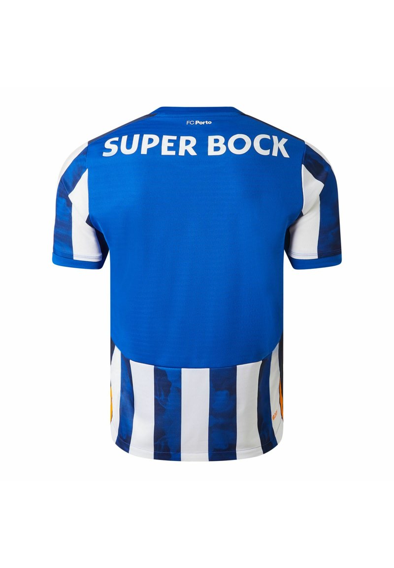 Maillot FC Porto bleu avec des manches rayées blanches et bleues ; "SUPER BOCK" imprimé dans le haut du dos ; tissu léger et texturé.