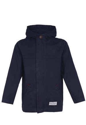 Veste à capuche bleu marine en tissu mélangé coton, dotée d'une fermeture à boutons-pression à l'avant, de deux poches latérales et de accents de couture rouges.