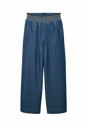 Culottes en denim à jambes larges, taille smockée élastique et deux poches avant. Le tissu est d'un bleu moyen avec une texture lisse.