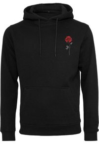 Felpa nera con cappuccio realizzata in tessuto morbido, caratterizzata da un piccolo ricamo di una rosa rossa sul lato sinistro del petto e da una tasca a marsupio frontale.