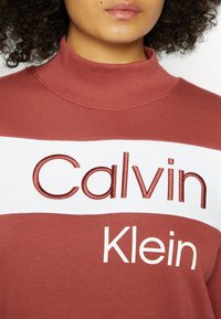 Sudadera de manga larga, burdeos, con cuello alto. Presenta un audaz bordado de "Calvin" en color burdeos y "Klein" en blanco sobre una franja horizontal.