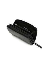 Black leather wallet with smooth texture, zip closure, multiple compartments, and a small pull tab. Interior features a fabric lining.