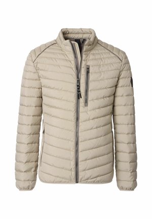 Beige polstret jakke med ståkrave, lynlåsfront og vandret syninger. Har to lynlåslommer og en logo-accent på armen.