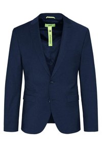 Marineblazer met notch revers, enkelknoopsluiting, zijzakken en een gladde structuur. De voering heeft een felgroen accentlabel.